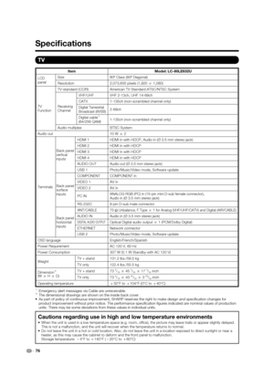 Page 78TV
ItemModel: LC-80LE632U
LCD
panel Size
80
o Class (80
o Diagonal)
Resolution 2,073,600 pixels (1,920 
g 1,080)
TV
Function TV-standard (CCIR)
American TV Standard ATSC/NTSC System
Receiving
Channel VHF/UHF VHF 2-13ch, UHF 14-69ch
CATV
1-135ch (non-scrambled channel only)
Digital Terrestrial 
Broadcast (8VSB)2-69ch
Digital cable
*1
(64/256 QAM) 1-135ch (non-scrambled channel only)
Audio multiplex BTSC System
Audio out 10 W 
g 2
Terminals Back panel 
vertical
inputs
HDMI 1
HDMI in with HDCP, Audio in (Ø...