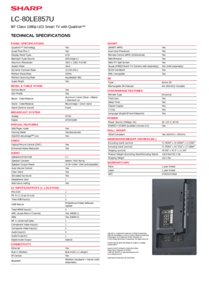 Page 2PANEL S PECIF IC ATIO NS
Quattr o n™  T echnolo gy
Yes
Quad P ix el  P lu s 2
Yes
Dis pla y P anel  T ype
LC D
Backlig ht T ype-S ourc e
LE D -E dge L it
Maxim um  R esolu tio n
1920 x  1 080, F ull  H D
Aspect R atio
16x9
Dynam ic  C ontr a st R atio
12,0 00,0 00:1
Refr e sh P anel  R ate
240H z
Refr e sh S cannin g R ate
AquoM otio n 9 60
Super B rig ht
Yes
BEZE L &  T A BLE  S TA ND
Narro w  B ezel
Yes
Slim  P ro file
Yes
Bezel  -  C olo r/M ate ria l
Alu m in um  2  to ne 
(S ilv er +  B la ck)
+ D...