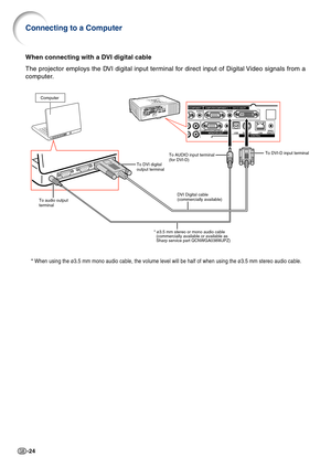 Page 26-24
When connecting with a DVI digital cable
The projector employs the DVI digital input terminal for direct input of Digital Video signals from a
computer.
*When using the ø3.5 mm mono audio cable, the volume level will be half of when using the ø3.5 mm stereo audio cable.
Computer
* ø3.5 mm stereo or mono audio cable 
(commercially available or available as 
Sharp service part QCNWGA038WJPZ)To DVI-D input terminal 
DVI Digital cable 
(commercially available)  To DVI digital
output terminal
To audio...