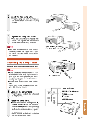 Page 65-63
Appendix
User service screw
(for lamp unit cover)
AC socket
5Insert the new lamp unit.
•Press the lamp unit firmly into the lamp
unit compartment. Fasten the securing
screws.
6Replace the lamp unit cover.
•Align the lamp unit cover and slide it to
close. Then tighten the user service
screw to secure the lamp unit cover.
Info
• If the lamp unit and lamp unit cover are not
correctly installed, the power will not turn
on, even if the power cord is connected to
the projector.
Resetting the Lamp Timer...