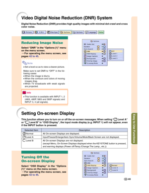 Page 67Easy to Use Functions
-65
Video Digital Noise Reduction (DNR) System
Reducing Image Noise
Select “DNR” in the “Options (1)” menu
on the menu screen.
➝ For operating the menu screen, see
pages 42 to 45.
Note
•Set a level so as to view a clearer picture.
Make sure to set DNR to “OFF” in the fol-
lowing cases:
•When the image is blurry.
•When the contours and colors of moving
images drag.
•When TV broadcasts with weak signals
are projected.
Info
•This function is available with INPUT 1, 2
(480
I, 480P, 580I...