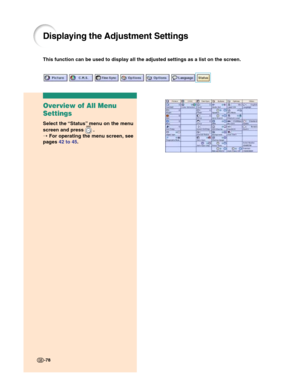 Page 80-78
This function can be used to display all the adjusted settings as a list on the screen.
Displaying the Adjustment Settings
Overview of All Menu
Settings
Select the “Status” menu on the menu
screen and press 
 .
➝ For operating the menu screen, see
pages 42 to 45.
-78 