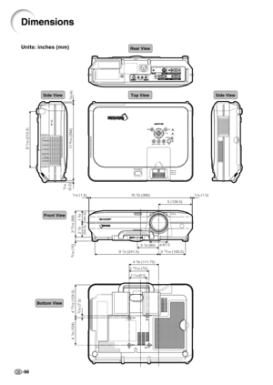 Page 102-98
Dimensions
Side ViewSide ViewTop View
Rear View
Front View
Bottom View
3 15/16 (100.5)
9 1/2 (241.5) 15 
3/8 (390)
5 (126.5)1/16 (1.5)1/16 (1.5)
3 
1/8 (80)ø 67.5
4 
3/8 (111.75)
2 
15/16 (75)
M4 M4
M4 M4
2 11/16 (67.5)
4 15/16 (124.5)
5/16 (7.5) 3
 15/16 (99)8
 7/16 (213.3)
11 9/16 (294)
3/16(5.2)
1/8 (4)
9/16 (15) 2 
1/8 
(54.5) 1 
3/4 
(44.5)
4 
1/8 (104)
Units: inches (mm) 