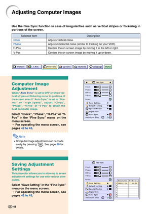 Page 52Adjusting Computer Images
Use the Fine Sync function in case of irregularities such as vertical st\
ripes or flickering in
portions of the screen.
Computer Image
Adjustment
When “ Auto Sync ” is set to OFF or when ver-
tical stripes or flickering occur in portions of
the screen even if  “Auto Sync ” is set to  “Nor-
mal ” or  “High Speed ”, adjust  “Clock ”,
“ Phase ”,  “H-Pos ” or  “V-Pos ” to obtain the
best computer image.
Select  “Clock ”, “ Phase ”, “ H-Pos ” or  “V-
Pos ” in the  “Fine Sync ” menu...