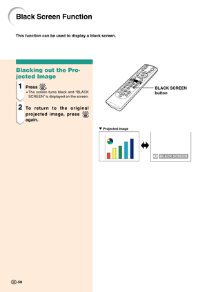 Page 6258
Black Screen Function
-58
BLACK SCREEN
button
" Projected Image
This function can be used to display a black screen.
Blacking out the Pro-
jected Image
1Press .
•The screen turns black and  “BLACK
SCREEN ” is displayed on the screen.
2To return to the original
projected image, press 
again. 