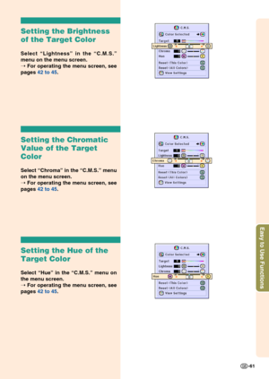 Page 65Easy to Use Functions
-61
Setting the Brightness
of the Target Color
Select “Lightness ” in the  “C.M.S. ”
menu on the menu screen.
➝  For operating the menu screen, see
pages  42 to 45 .
Setting the Chromatic
Value of the Target
Color
Select “Chroma ” in the  “C.M.S. ” menu
on the menu screen.
➝  For operating the menu screen, see
pages  42 to 45 .
Setting the Hue of the
Target Color
Select “Hue ” in the  “C.M.S. ” menu on
the menu screen.
➝  For operating the menu screen, see
pages  42 to 45 . 