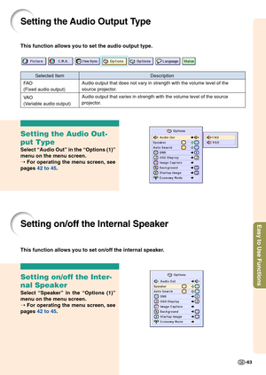 Page 67Easy to Use Functions
-63
Setting the Audio Out-
put Type
Select “Audio Out ” in the  “Options (1) ”
menu on the menu screen.
➝  For operating the menu screen, see
pages  42 to 45 .
Setting on/off the Inter-
nal Speaker
Select “Speaker ” in the  “Options (1) ”
menu on the menu screen.
➝  For operating the menu screen, see
pages  42 to 45 .
Setting on/off the Internal Speaker
This function allows you to set on/off the internal speaker.
Setting the Audio Output Type
Selected Item
FA O
(Fixed audio output)...