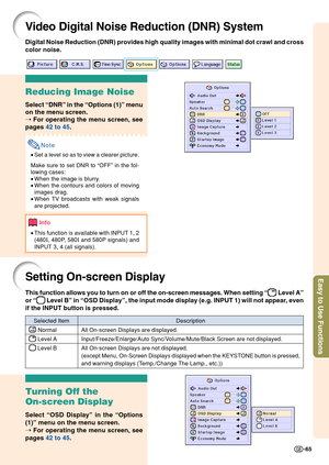 Page 69Easy to Use Functions
-65
Video Digital Noise Reduction (DNR) System
Reducing Image Noise
Select “DNR ” in the  “Options (1) ” menu
on the menu screen.
➝  For operating the menu screen, see
pages  42 to 45 .
Note
•Set a level so as to view a clearer picture.
Make sure to set DNR to  “OFF ” in the fol-
lowing cases:
• When the image is blurry.
• When the contours and colors of moving
images drag.
• When TV broadcasts with weak signals
are projected.
Info
•This function is available with INPUT 1, 2
(480
I,...