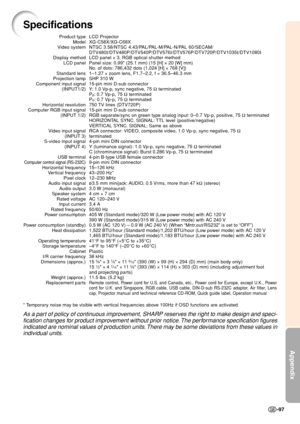 Page 101Appendix
-97
Specifications
LCD Projector
XG-C58X/XG-C68X
NTSC 3.58/NTSC 4.43/PAL/PAL-M/PAL-N/PAL 60/SECAM/
DTV480I/DTV480P/DTV540P/DTV576I/DTV576P/DTV720P/DTV1035I/DTV1080I
LCD panel × 3, RGB optical shutter method
Panel size: 0.99 (25.1 mm) (15 [H] × 20 [W] mm)
No. of dots: 786,432 dots (1,024 [H] × 768 [V])
1–1.27 × zoom lens, F1.7–2.2, f = 36.5–46.3 mm
SHP 310 W
15-pin mini D-sub connector
Y: 1.0 Vp-p, sync negative, 75 Ω terminated
P
B: 0.7 Vp-p, 75 Ω terminated
PR: 0.7 Vp-p, 75 Ω terminated
750 TV...