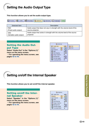 Page 67Easy to Use Functions
-63
Setting the Audio Out-
put Type
Select “Audio Out” in the “Options (1)”
menu on the menu screen.
➝ For operating the menu screen, see
pages 42 to 45.
Setting on/off the Inter-
nal Speaker
Select “Speaker” in the “Options (1)”
menu on the menu screen.
➝ For operating the menu screen, see
pages 42 to 45.
Setting on/off the Internal Speaker
This function allows you to set on/off the internal speaker.
Setting the Audio Output Type
Selected Item
FAO
(Fixed audio output)
Description...