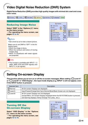 Page 69Easy to Use Functions
-65
Video Digital Noise Reduction (DNR) System
Reducing Image Noise
Select “DNR” in the “Options (1)” menu
on the menu screen.
➝ For operating the menu screen, see
pages 42 to 45.
Note
•Set a level so as to view a clearer picture.
Make sure to set DNR to “OFF” in the fol-
lowing cases:
•When the image is blurry.
•When the contours and colors of moving
images drag.
•When TV broadcasts with weak signals
are projected.
Info
•This function is available with INPUT 1, 2
(480
I, 480P, 576I...