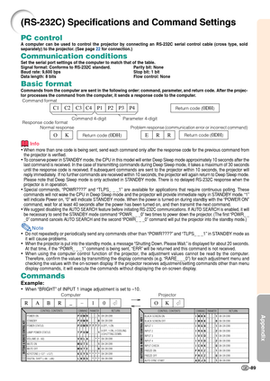 Page 93Appendix
-89
(RS-232C) Specifications and Command Settings
PC control
A computer can be used to control the projector by connecting an RS-232C serial control cable (cross type, sold
separately) to the projector. (See page 22 for connection.)
Communication conditions
Set the serial port settings of the computer to match that of the table.
Signal format: Conforms to RS-232C standard. Parity bit: None
Baud rate: 9,600 bps Stop bit: 1 bit
Data length: 8 bits Flow control: None
Basic format
Commands from the...