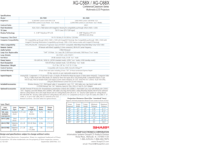 Page 2XG-C58X / XG-C68X
Conference/Classroom Series 
Multimedia LCD Projectors
Design and specifications subject to change without notice.
  
© 2005 Sharp Electronics Corporation. Sharp is a registered trademark of Sharp
Corporation. All other trademarks are the property of their respective owners.
LC-02-301  September 2005 Rev. 5.0
SHARP ELECTRONICS CORPORATION
Information Systems Group/LCD Products Division
Sharp Plaza, Mahwah, N.J. 07430-1123
1-866-4VISUAL (1-866-484-7825)
www.SharpLCD.com
email:...