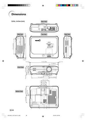 Page 102-98
Dimensions
Side ViewSide ViewTop View
Rear View
Front View
Bottom View
3 15/16 (100.5) 9 1/2 (241.5)15 
3/8 (390)
5 (126.5)1/16 (1.5)1/16 (1.5)
3 
1/8 (80)ø 67.5
4 
3/8 (111.75)
2 
15/16 (75)
M4
M4
M4
M4
2 11/16 (67.5)
4 15/16 (124.5)
5/16 (7.5)3
 15/16 (99)8
 7/16 (213.3)
11 9/16 (294)
3/16(5.2)
1/8 (4)
9/16 (15)
2 
1/8 
(54.5)1 
3/4 
(44.5) 4 
1/8 (104)
Units: inches (mm)
XG-C60X_E_PDF_p94_101.p6503.8.28, 2:29 PM 98 