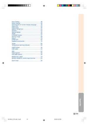 Page 105Appendix
-101 Save Setting ........................................................ 48
Select Setting ....................................................... 49
Selecting the on-screen display language .......... 36
Signal Info ............................................................ 49
Signal Type .......................................................... 46
SMART STRETCH .............................................. 53
Speaker ................................................................ 63...