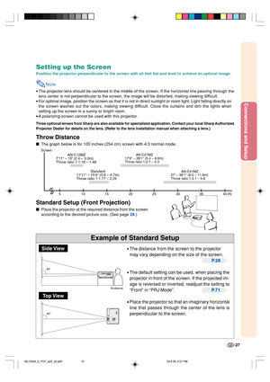 Page 31Connections and Setup
-27
90°
90°
Example of Standard Setup
Setting up the Screen
Position the projector perpendicular to the screen with all feet flat and level to achieve an optimal image.
Note
•The projector lens should be centered in the middle of the screen. If the horizontal line passing through the
lens center is not perpendicular to the screen, the image will be distorted, making viewing difficult.
•For optimal image, position the screen so that it is not in direct sunlight or room light. Light...