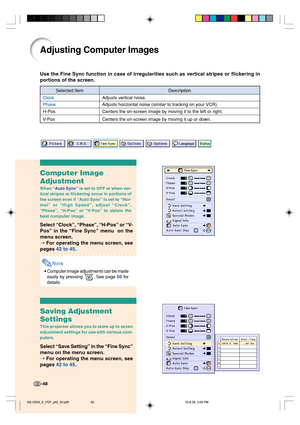 Page 52Adjusting Computer Images
Use the Fine Sync function in case of irregularities such as vertical stripes or flickering in
portions of the screen.
Computer Image
Adjustment
When “Auto Sync” is set to OFF or when ver-
tical stripes or flickering occur in portions of
the screen even if “Auto Sync” is set to “Nor-
mal” or “High Speed”, adjust “Clock”,
“Phase”, “H-Pos” or “V-Pos” to obtain the
best computer image.
Select “Clock”, “Phase”, “H-Pos” or “V-
Pos” in the “Fine Sync” menu  on the
menu screen.
➝ For...