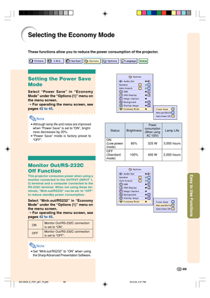 Page 73Easy to Use Functions
-69
Selecting the Economy Mode
These functions allow you to reduce the power consumption of the projector.
Setting the Power Save
Mode
Select “Power Save” in “Economy
Mode” under the “Options (1)” menu on
the menu screen.
➝ For operating the menu screen, see
pages 42 to 45.
Note
•Although lamp life and noise are improved
when “Power Save” is set to “ON”, bright-
ness decreases by 20%.
•“Power Save” mode is factory preset to
“OFF”.
Monitor Out/RS-232C
Off Function
This projector...