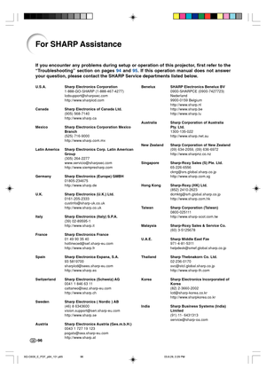 Page 100-96
For SHARP Assistance
If you encounter any problems during setup or operation of this projector, first refer to the
“Troubleshooting” section on pages 94 and 95. If this operation manual does not answer
your question, please contact the SHARP Service departments listed below.
U.S.A. Sharp Electronics Corporation
1-888-GO-SHARP (1-888-467-4277)
lcdsupport@sharpsec.com
http://www.sharplcd.com
Canada Sharp Electronics of Canada Ltd.
(905) 568-7140
http://www.sharp.ca
Mexico Sharp Electronics Corporation...