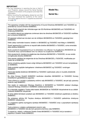 Page 2
IMPORTANT
• For your assistance in reporting the loss or theft of
your Projector, please record the Serial Number
located on the bottom of the projector and retain this
information.
•  Before recycling the packaging, please be sure that
you have checked the contents of the carton
thoroughly against the list of “Supplied accessories”
on page 
14 .Model No.:
Serial No.:
ii 