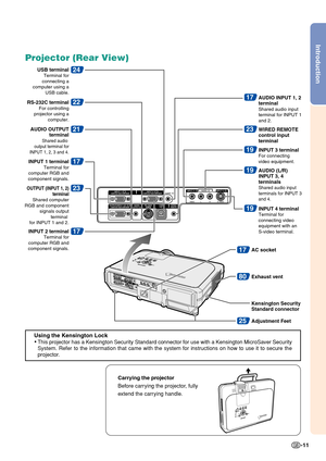 Page 15
Introduction
-11
Projector (Rear View)
Using the Kensington Lock
•
This projector has a Kensington Security Standard connector for use with\
 a Kensington MicroSaver Security
System. Refer to the information that came with the system for instructi\
ons on how to use it to secure the
projector.
17
80
AC socket
Exhaust vent
25
17
17
Kensington Security 
Standard connector
Adjustment Feet
INPUT 2 terminal
Terminal for 
computer RGB and 
component signals.
INPUT 1 terminalTerminal for 
computer RGB and...