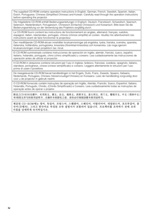 Page 4
The supplied CD-ROM contains operation instructions in English, German, French, Swedish, Spanish, Italian,
Dutch, Portuguese, Chinese (Simplified Chinese) and Korean. Carefully read through the operation instructions
before operating the projector.
Die mitgelieferte CD-ROM enthält Bedienungsanleitungen in Englisch, Deutsch, Franzö\
sisch, Schwedisch, Spanisch,
Italienisch, Niederländisch, Portugiesisch, Chinesisch (Einfaches Chinesisch) und Koreanisch. Bitte lesen Sie die
Bedienungsanleitung vor der...