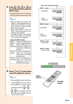 Page 39Basic Operation
-35
3Press , ,  or  on
the remote control to select the
INPUT mode.
•After pressing  once on the projector,
use 
 to select the desired input mode.
Note
•When no signal is received, “NO
SIGNAL.” will be displayed. When a
signal that the projector is not pre-
set to receive is received, “NOT
REG.” will be displayed.
•When “Auto Search” is “ON”, the
INPUT modes with signals can be
selected. (see page 64.)
•The INPUT mode is not displayed
when “OSD display” is set to “Level
A” or “Level B”....