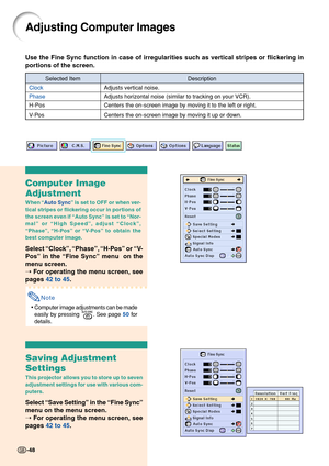 Page 52Adjusting Computer Images
Use the Fine Sync function in case of irregularities such as vertical stripes or flickering in
portions of the screen.
Computer Image
Adjustment
When “Auto Sync” is set to OFF or when ver-
tical stripes or flickering occur in portions of
the screen even if “Auto Sync” is set to “Nor-
mal” or “High Speed”, adjust “Clock”,
“Phase”, “H-Pos” or “V-Pos” to obtain the
best computer image.
Select “Clock”, “Phase”, “H-Pos”  or “V-
Pos” in the “Fine Sync” menu  on the
menu screen.
➝ For...