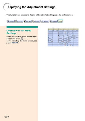 Page 82-78
This function can be used to display all the adjusted settings as a list on the screen.
Displaying the Adjustment Settings
Overview of All Menu
Settings
Select the “Status” menu on the menu
screen and press 
 .
➝ For operating the menu screen, see
pages 42 to 45.
-78 