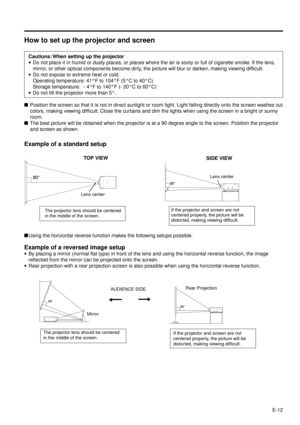 Page 12E-12
How to set up the projector and screen
Cautions: When setting up the projector
·Do not place it in humid or dusty places, or places where the air is sooty or full of cigarette smoke. If the lens,
mirror, or other optical components become dirty, the picture will blur or darken, making viewing difficult.
·Do not expose to extreme heat or cold.
Operating temperature: 41¡F to 104¡F (5¡C to 40¡C)
Storage temperature: 14¡F to 140¡F (120¡C to 60¡C)
·Do not tilt the projector more than 5¡.
nPosition the...