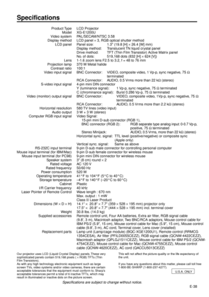 Page 38E-38
Specifications are subject to change without notice.
Specifications
Product Type
Model
Video system
Display method
LCD panel
Lens
Projection lamp
Contrast ratio
Video input signal
S-video input signal
Video (monitor) output signal
Horizontal resolution
Audio output
Computer RGB input signal
RS-232C input terminal
Mouse input terminal (for IBM/Mac)
Mouse input terminal (for PC98)
Speaker system
Rated voltage
Rated frequency
Power consumption
Operating temperature
Storage temperature
Cabinet
I/R...