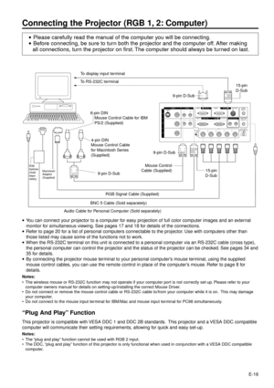 Page 16E-16
FILTERRG B HLR
VON
OFFDC5V OUTPUT
MAX CURRENT 1A
COMPUTER
AUDIO IN AUDIO OUTPUT OUTPUT
INPUT2 INPUT1RGB COMPUTERWIRED
REMOTE FOR PC98 MOUSE  PC CONTROL
S-VIDEO
LR
LRAUDIO VIDEO
IN
1
IN
2
OUT
Connecting the Projector (RGB 1, 2: Computer)
·Please carefully read the manual of the computer you will be connecting.
·Before connecting, be sure to turn both the projector and the computer off. After making
all connections, turn the projector on first. The computer should always be turned on last.
To display...