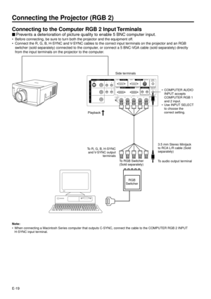 Page 19E-19
Connecting the Projector (RGB 2)
Connecting to the Computer RGB 2 Input Terminals
nPrevents a deterioration of picture quality to enable 5 BNC computer input.
¥ Before connecting, be sure to turn both the projector and the equipment off.
¥ Connect the R, G, B, H-SYNC and V-SYNC cables to the correct input terminals on the projector and an RGB
switcher (sold separately) connected to the computer, or connect a 5 BNC-VGA cable (sold separately) directly
from the input terminals on the projector to the...