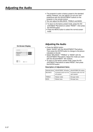 Page 27E-27
Adjusting the Audio
On-Screen Display
AUDIO
TREBLEBASSRESET
0 0
0
:SEL.
:ADJ.:ENDMENU
 R L + - + -
BALANCE
ADJUSTMENT  button
Increased audio from the
left speaker
Weaker treble
Weaker bassADJUSTMENT  button
Increased audio from the
right speaker
Stronger treble
Stronger bassSelected items
BALANCE
TREBLE
BASS
·The projectorÕs audio is factory preset to the standard
setting. However, you can adjust it to suit your own
preference with the ADJUSTMENT buttons on the
projector or the remote control.
·You...