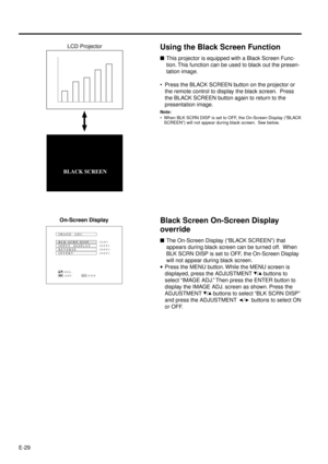 Page 29E-29
Using the Black Screen Function
nThis projector is equipped with a Black Screen Func-
tion. This function can be used to black out the presen-
tation image.
¥ Press the BLACK SCREEN button on the projector or
the remote control to display the black screen.  Press
the BLACK SCREEN button again to return to the
presentation image.
Note:
¥ When BLK SCRN DISP is set to OFF, the On-Screen Display (ÒBLACK
SCREENÓ) will not appear during black screen.  See below.
BLACK SCREEN On-Screen DisplayLCD...