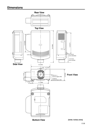 Page 38E-38
3.7(95)
11.7(296)ø1.8(ø45) 3.5(89)
1.8(46)
8.2(208)
0.2(6) ø4.7(ø120)
4.8(121.1)
3.8(96.9)
0.2(4)
13.2(335)
14.8(377)
23.0(585)
6.5(165.5)
7.0(176.8)
14.0(355)
Dimensions
[Units: inches (mm)]
Rear View
Top View
Side View
Bottom ViewFront View
(Lens extended)
(Lens housed)
(Lens at upper shift)
(Lens at lower shift) 