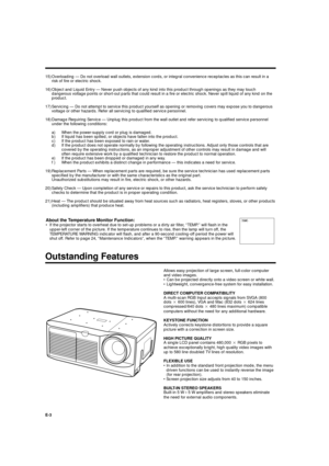 Page 3XG-E690UB (E)/pp. 01-04 G. K. Associates, Tokyo
E-3 15) Overloading — Do not overload wall outlets, extension cords, or integral convenience receptacles as this can result in a
risk of fire or electric shock.
16) Object and Liquid Entry — Never push objects of any kind into this product through openings as they may touch
dangerous voltage points or short-out parts that could result in a fire or electric shock. Never spill liquid of any kind on the
product.
17) Servicing — Do not attempt to service this...