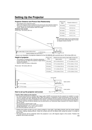 Page 690°
Lower edge of screen (white portion)
Distance between lens and screen: L
Lens Center
L: 9.8 ft (3.0 m)
Distance from screen
Picture size: 100 inches (254 cm)
Projector Distance and Picture Size Relationship
• This projector has a fixed-focus lens.
Refer to the diagram below to determine the picture size and projection distance.
• The picture can be focused when the projector is within 4.3 ft to 14.4 ft of the
screen. Please set up the projector within this range.
• Above is an illustration of...