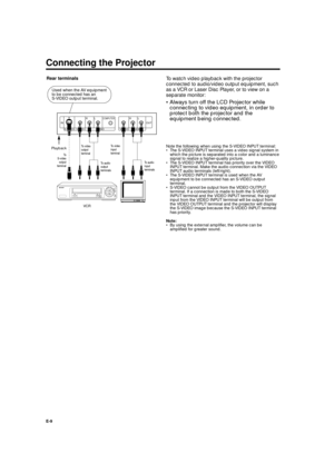 Page 9Connecting the Projector
E-9
To watch video playback with the projector
connected to audio/video output equipment, such
as a VCR or Laser Disc Player, or to view on a
separate monitor:
• Always turn off the LCD Projector while
connecting to video equipment, in order to
protect both the projector and the
equipment being connected.
Note the following when using the S-VIDEO INPUT terminal:
• The S-VIDEO INPUT terminal uses a video signal system in
which the picture is separated into a color and a luminance...