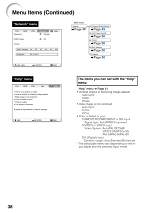 Page 4238
SEL ENTER END
Pict. SCR PRJ Net.
Help
There is no picture or audio
Vertical stripes or flickering image appear
Data image is not centered
Color is faded or poor
Picture is dark
The image is distorted
Reset all adjustments to default settingsSEL.
The items you can set with the “Help”
menu
“Help” menu  n Page  51•Vertical stripes or flickering image appear
Auto Sync
Clock
Phase
• Data image is not centered
Auto Sync
H-Pos
V-Pos
• Color is faded or poor
COMPUTER/COMPONENT or DVI input
Signal type:...