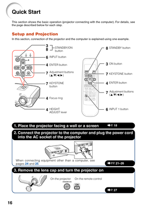 Page 2016
Quick Start
This section shows the basic operation (projector connecting with the computer). For details, see
the page described below for each step.
Setup and Projection
In this section, connection of the projector and the computer is explained using one example.
When connecting equipment other than a computer, see
pages 24 and 25.
3. Remove the lens cap and turn the projector on 2. Connect the projector to the computer and plug the power cord
into the AC socket of the projector
On the projector On...