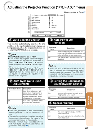 Page 4743
Useful
Features
Adjusting the Projector Function (“PRJ - ADJ” menu)
Picture
Auto SearchSCR - ADJPRJ - ADJHelp
Auto Sync
Auto Power Off
System Sound
System Lock
h On On
On
On
SEL./ADJ. ENTER END0 Lamp Timer(Life) 100%
Speaker OnRS-232C 9600 bpsFan Mode Normal
1 11 1
1 Auto Search Function
This function automatically searches for and
switches to the input mode in which signals are
being received, when the projector is turned on,
or when the INPUT button is pressed.
When “Auto Search” is set to “On”
• If...