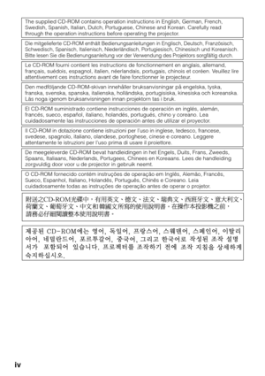 Page 4iv
The supplied CD-ROM contains operation instructions in English, German, French,
Swedish, Spanish, Italian, Dutch, Portuguese, Chinese and Korean. Carefully read
through the operation instructions before operating the projector.
Die mitgelieferte CD-ROM enthält Bedienungsanleitungen in Englisch, Deutsch, Französisch,
Schwedisch, Spanisch, Italienisch, Niederländisch, Portugiesisch, Chinesisch und Koreanisch.
Bitte lesen Sie die Bedienungsanleitung vor der Verwendung des Projektors sorgfältig durch.
Le...