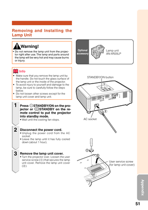 Page 5551
Appendix
Removing and Installing the
Lamp Unit
• Make sure that you remove the lamp unit by
the handle. Do not touch the glass surface of
the lamp unit or the inside of the projector.
• To avoid injury to yourself and damage to the
lamp, be sure to carefully follow the steps
below.
• Do not loosen other screws except for the
lamp unit cover and lamp unit.
Press SSTANDBY/ON on the pro-
jector or eSTANDBY on the re-
mote control to put the projector
into standby mode.
• Wait until the cooling fan...