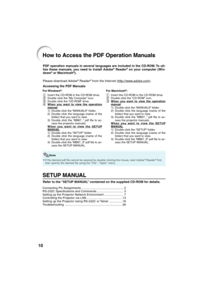 Page 1410
PDF operation manuals in several languages are included in the CD-ROM. To uti-
lize these manuals, you need to install Adobe® Reader® on your computer (Win-
dows® or Macintosh®).
Please download Adobe
® Reader® from the Internet (http://www.adobe.com).
Accessing the PDF Manuals
How to Access the PDF Operation Manuals
•If the desired pdf file cannot be opened by double clicking the mouse, start Adobe® Reader® first,
then specify the desired file using the “File”, “Open” menu.
Note
For Windows®:
1Inser...