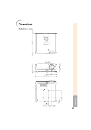 Page 6763
Appendix
Dimensions
Units: inches (mm)
12 13/32 (315)3 
1/16 (77.5)
2 
19/32(65.5) 1 53/64(46.2) 3 
5/32 (80)
1 55/64 (47) 2 
7/8 (73)
2 61/64(75) 1 
11/32 (33.8)
4 19/64 (109)
1 
7/8 (47.5)
4 7/64 (104)
7/16 (11)11 
1/32 (280)
23/64 (9)
13/64 (5)
7/16 (11)
ø9 7/64 (69.2)
XG-MB67X_EN2_CD_m06.5.12, 6:52 AM 63 