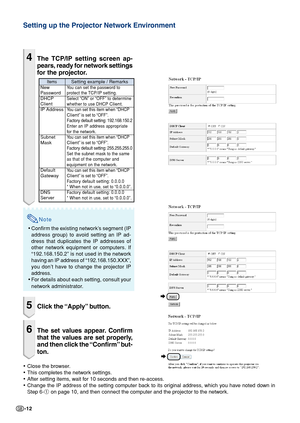 Page 12-12
4The TCP/IP setting screen ap-
pears, ready for network settings
for the projector.
Note
• Confirm the existing network’s segment (IP
address group) to avoid setting an IP ad-
dress that duplicates the IP addresses of
other network equipment or computers. If
“192.168.150.2” is not used in the network
having an IP address of “192.168.150.XXX”,
you don’t have to change the projector IP
address.
• For details about each setting, consult your
network administrator.
5Click the “Apply” button.
6The set...