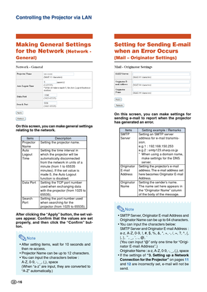 Page 16-16
Controlling the Projector via LAN
Making General Settings
for the Network 
(Network -
General)
On this screen, you can make general settings
relating to the network.
After clicking the “Apply” button, the set val-
ues appear. Confirm that the values are set
properly, and then click the “Confirm” but-
ton.
Note
•After setting items, wait for 10 seconds and
then re-access.
• Projector Name can be up to 12 characters.
• You can input the  characters below :
A-Z, 0-9, -, _, (,), space
( When “a-z” are...