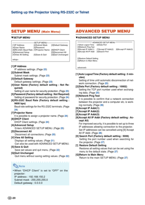 Page 20-20
Setting up the Projector Using RS-232C or Telnet
SETUP MENU (Main Menu)
[1]IP Address
IP address settings. (Page 
23 )
[2] Subnet Mask
Subnet mask settings. (Page 
23 )
[3] Default Gateway Default gateway settings. (Page 
23 )
[4] User Name (Factory default setting : Not Re-
quired)
Setting of user name for security protection. (Page 
23 )
[5] Password (Factory default setting : Not Required)
Setting of password for security protection. (Page 
24 )
[6] RS-232C Baud Rate (Factory default setting :...