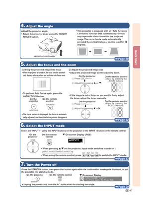 Page 21-17
Quick Start
Page 30
4.Adjust the angle
5.Adjust the focus and the zoom
Page 32
7.Turn the Power off
Page 29
6.Select the INPUT mode
Page 33
HEIGHT ADJUST button
• •• •
•This projector is equipped with an “Auto Keystone
Correction” function that automatically corrects
any trapezoidal distortion within the projected
image. The correction is made automatically
provided the vertical incline or decline is within 12
degrees.
1  1  1  1 
1 Bring the projected image into focus
• •• •
•
When the projector is...